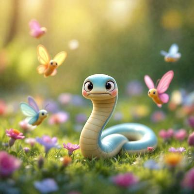 The primary subject of the image is a cartoon snake with a blue body and pink eyes, sitting in a field of flowers. The setting is a lush, colorful garden with a variety of flowers surrounding the snake. The visual style is a digital art or illustration, creating a whimsical and playful atmosphere. The colors and mood are vibrant and cheerful, with the snake being the focal point of the scene.
